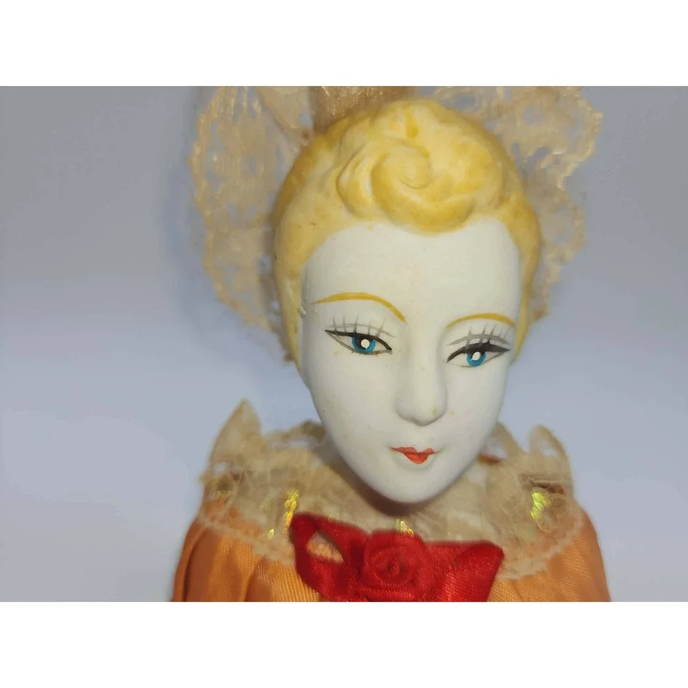Vintage Porcelain Half Doll Pin Cushion Lace Headdress Orange Satin Base Antique - Picture 2 of 11